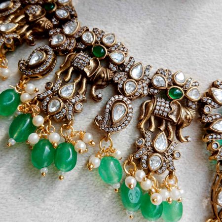 Handmade Brass Metal Jewellery Green Bridal Necklace Set